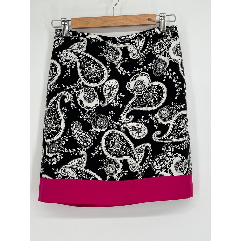 Ann Taylor LOFT Paisley Skirt Pink Trim Silk Blend Career Black White 0P